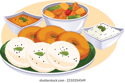 Vada, Idli, and Sambar Served with Coconut and Kara Chutneys in Modern Fine China with Banana Leaf 