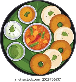 Vada, Idli y Sambar se sirven con chutneys de menta, coco y kara en hoja de plátano en tailandés. Vista superior Cocina india de desayuno 