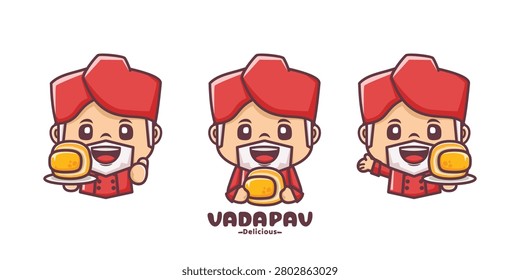 Vada pav chef cartoon vector, culinary mascot illustration, logo, icon