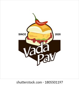 Vada Pav Logo Vector de comida callejera. Pan de bollo de Bombay con remolque de papa frita y etiqueta de hierbas picantes o etiqueta de plantilla de diseño de pegatinas