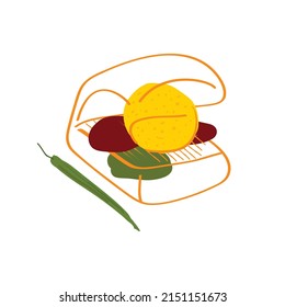 Vada Pav Logotipo Vector de comida callejera, pan de bollo de Mumbai con remolque de papa frita y etiqueta de hierbas picantes o plantilla de diseño de pegatinas Idea