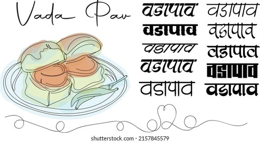 Logotipo Vada Pav, silueta vectorial Vada Pav, dibujo del boceto de boceto de la comida callejera india Vada Pav y logotipo en letra de caligrafía hindi, Traducción - Vada Pav