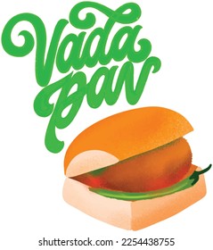 Vada Pav o pao vectorial dibujado a mano Ilustración de comida callejera india, Ilustración alimenticia india, maharashtra mumbai, comida callejera de la india. Desayuno Desi India