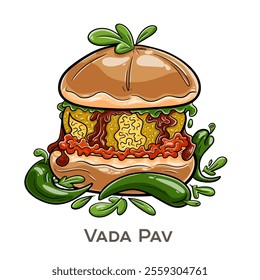 Vada Pav is a popular street food from Mumbai, consisting of a spicy potato fritter (vada) served inside a soft bread roll (pav), often accompanied by tangy and spicy chutneys.