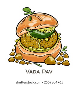 Vada Pav is a popular street food from Mumbai, consisting of a spicy potato fritter (vada) served inside a soft bread roll (pav), often accompanied by tangy and spicy chutneys.