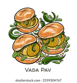 Vada Pav is a popular street food from Mumbai, consisting of a spicy potato fritter (vada) served inside a soft bread roll (pav), often accompanied by tangy and spicy chutneys.