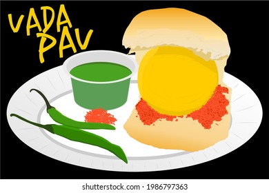 Vada Pav vector with plate green chilli and garlic chutney (chatni)
