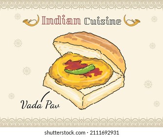 Vada pav sándwich vegetariano plato de comida rápida bolas de patata fritas en un doodle vectorial de color de platillos aislados de India