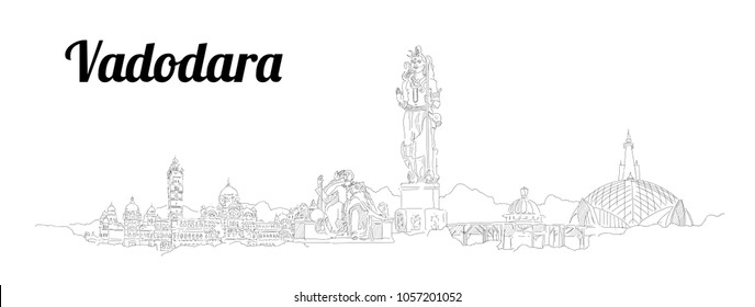 Vadodara city hand drawing panoramic sketching style illustration