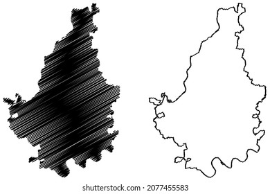 Vadodara district (Gujarat State, Republic of India) map vector illustration, scribble sketch Baroda map
