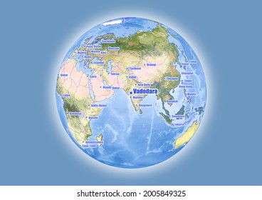 Vadodara-India is shown on vector globe map. The map shows Vadodara-India 's location in the world.