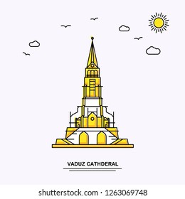 VADUZ CATHDERAL Monument Poster Template. World Travel Yellow illustration Background in Line Style with beauture nature Scene