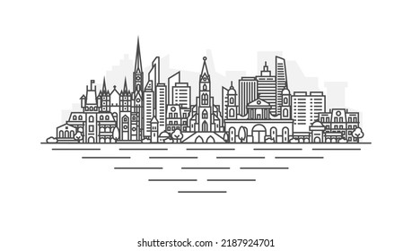 Vaduz, Liechtenstein Architecture Line Skyline Illustration. Linear Vector Kiev Cityscape With Famous Landmarks, City Sights, Design Icons. Landscape With Editable Strokes.