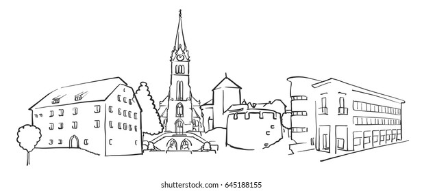 Vaduz Liechtenstein Panorama Sketch, Monochrome Urban Cityscape Vector Artprint