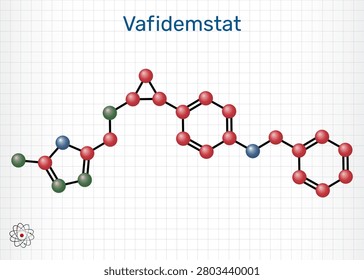 Vafidemstat molecule. ORY-2001, epigenetic drug alzheimer's disease, LSD1 inhibitor, lysine-specific demethylase 1 inhibitor. Sheet of paper in a cage. Molecular model