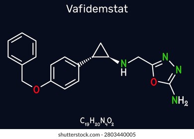 Vafidemstat molecule. ORY-2001, epigenetic drug alzheimer's disease, LSD1 inhibitor, lysine-specific demethylase 1 inhibitor. Dark blue background