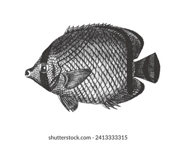 Vagabond butterflyfish (Chaetodon vagabundus), Doodle sketch. Vintage vector illustration.