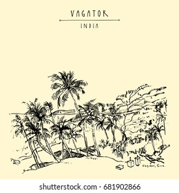 Vagator beach, Goa, India. Legendary hippie destination. Palm trees. Artistic drawing of tropical summer. Travel sketch. Vintage hand drawn postcard. Vector illustration