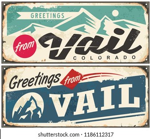 Vail Colorado retro souvenir from winter holiday destination. Vintage greeting card template from Vail USA. Vector illustration.