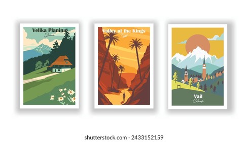 Vail, Colorado. Valley of the Kings, Egypt. Velika Planina, Slovenia - Set of 3 Vintage Travel Posters. Vector illustration. High Quality Prints