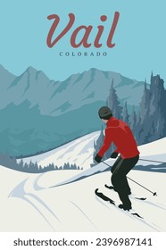 vail ski resort in colorado travel poster design, colorado vintage vector travel design