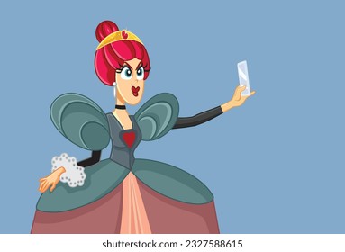 
Vain Evil Fairytale Queen Taking a Selfie Funny Vector Cartoon Illustration. Self-centered villain woman feeling confident and self-obsessed 
