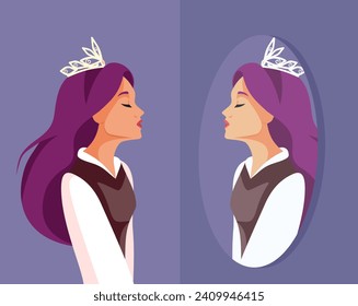 
Vain Queen Looking in the Mirror Vector Character Design. Smug entitled evil princess checking her looks in a reflection 
