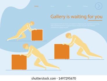 Vain Work Concept Landing Page Website. Gallery is Waiting for You Text. Man or Boys Pusing Cube on Floor Flat Cartoon Vector Illustration. Sculptures in Gallary. News Info, Contacts.