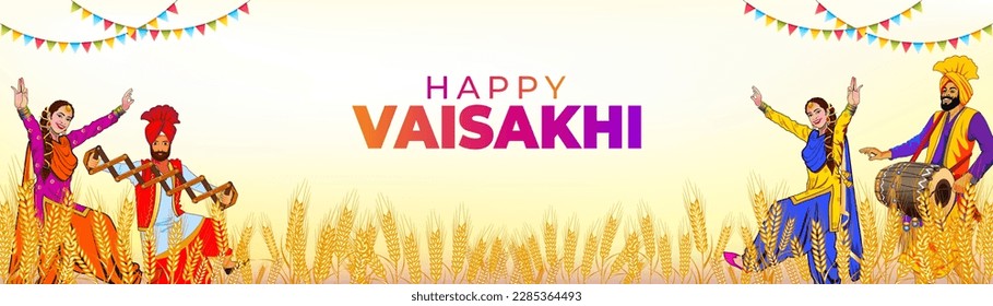 Vaisakhi or Baisakhi festival. Banner Design with Happy Vaisakhi text. Indian Punjabi sikh bhangra dance and wheat field background.