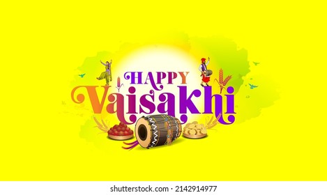 Vaisakhi or Baisakhi festival celebration greeting card. Punjabi sikh harvest festival with text and bhangra dance