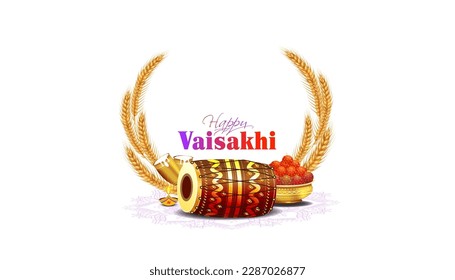 Vaisakhi or Baisakhi festival concept. Happy Vaisakhi text with Indian Punjabi sikh festivals of agriculture and wheat background.