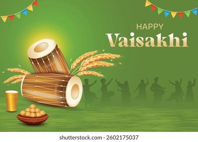 Vaisakhi Festival Celebration With Drums, Wheat, Sweets and Silhouette Of Punjabi People Dancing On Green Color Background. Indian Ethnic Festive Sale Celebration Theme Concept Vector Illustration.