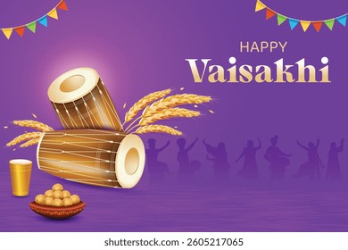 Vaisakhi Festival Celebration With Drums, Wheat, Sweets and Silhouette Of Punjabi People Dancing On Purple Color Background. Indian Ethnic Festive Sale Celebration Theme Concept Vector Illustration.