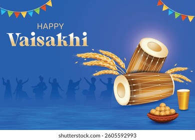 Vaisakhi Festival Celebration With Drums, Wheat, Sweets and Silhouette Of Punjabi People Dancing On Blue Color Background. Indian Ethnic Festive Sale Celebration Theme Concept Vector Illustration.
