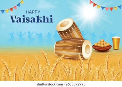 Vaisakhi Festival Celebration With Drums, Wheat Field, Lassi and Silhouette Of Punjabi People Dancing On Blue Sky Color Background. Indian Ethnic Festive Sale Theme Concept Vector Illustration.