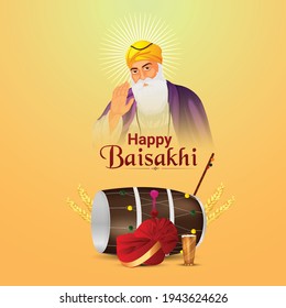 Vaisakhi flat greeting card and template with illustration and drum 