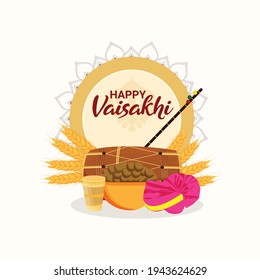 Vaisakhi flat greeting card and template with illustration and drum 