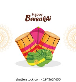 Vaisakhi flat greeting card and template with illustration and drum 