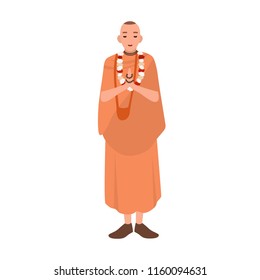 Vaishnav or krishnait dressed in traditional clothes standing and praying. Clergyman, cleric or religious leader. Male cartoon character isolated on white background. Colorful vector illustration.