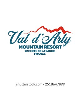 Val d'Arly, logotipo da montanha francesa. Impressão vintage para camiseta. Design moderno Hipster. Ilustração vetorial