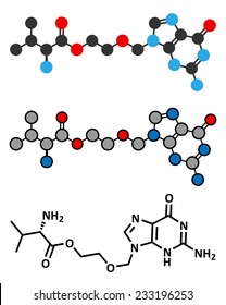Valaciclovir (valacyclovir) herpes infection drug molecule. Conventional skeletal formula and stylized representations. 