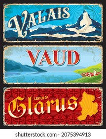 Wallis, Waadt und Glarus Schweizer Kantone Platten. Vektor Vintage Banner mit der Schweiz reisen touristische Wahrzeichen, Siedlung auf See, Landkarte und Berge. Alterungsfähige Retroschilder, Bruchbretter oder Postkarten