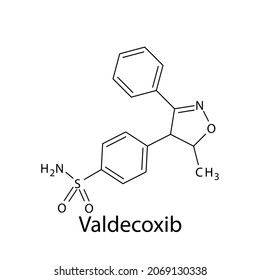 Valdecoxib molecular structure, flat skeletal chemical formula. NSAID drug used to treat osteoarthritis, rheumatoid arthritis, painful menstruation, menstrual symptoms. Vector Illustration.