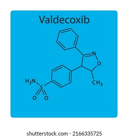 Valdecoxib molecular structure, flat skeletal chemical formula. NSAID drug used to treat osteoarthritis, rheumatoid arthritis, painful menstruation, menstrual symptoms. Vector illustration.