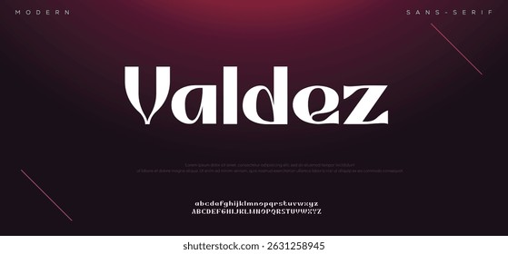 Fonte do alfabeto Valdez Modern. Abstrato criativo urbano, futurista, moda, esporte, tipografia de tecnologia mínima. Ilustração de vetor simples com número	