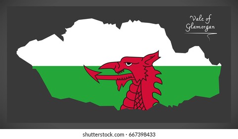 Vale of Glamorgan Wales map with Welsh national flag illustration