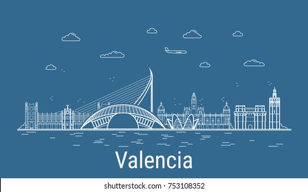 Valencia city, Line Art Vector illustration with all famous buildings. Linear Banner with Showplace. Composition of Modern cityscape. Valencia buildings set