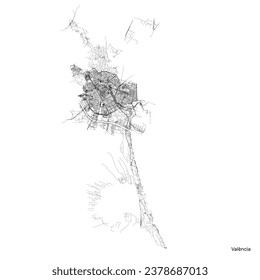 Valencia city map with roads and streets, Spain. Vector outline illustration.
