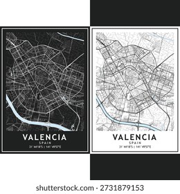 Conjunto de Vectores del mapa de la ciudad de Valencia, Paquete de hoja de ruta urbana minimalista oscura y clara con cuadrícula de calles escalable, autopistas y diseño de planificación