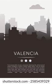 Valencia city template for website, presentation, front page, invitation, publication sheet with skyline, landmarks. Vector Spain image layout, simple and grayscale